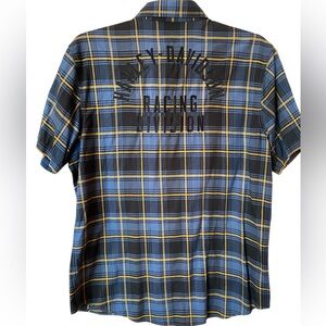 Harley Davidson men’s short sleeve plaid shirt, size Large, blue, black, yellow